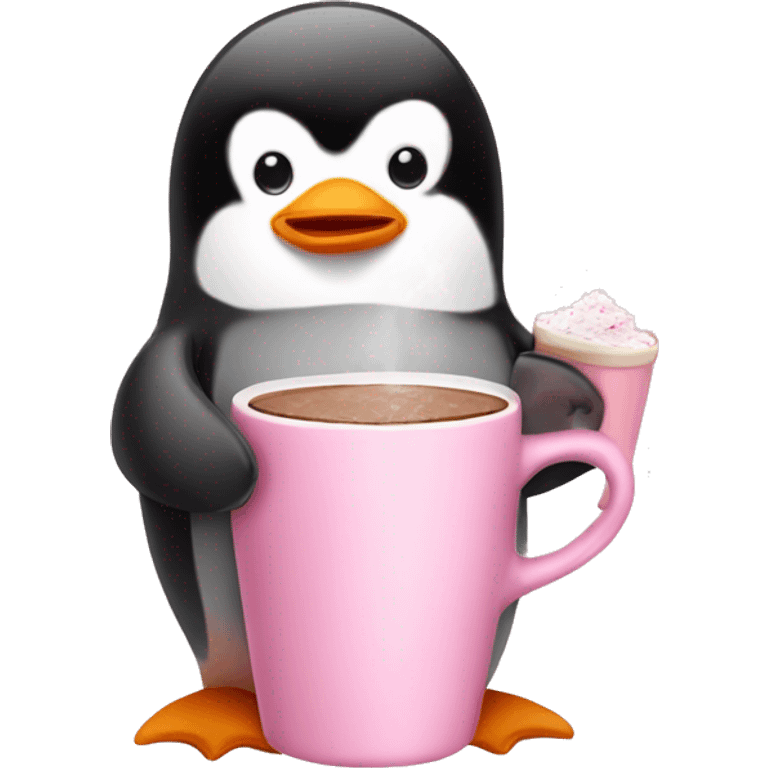 a baby pink penguin drinking hot cocoa  emoji