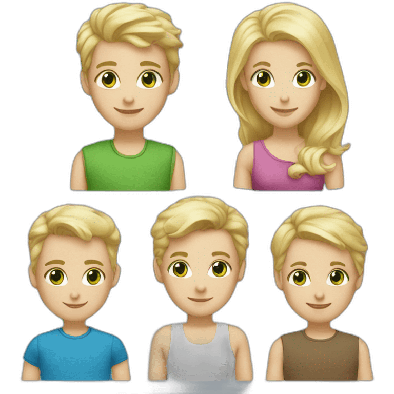 family of 6, 2 boys blonde hair blue eyes, 2 girls blond hair blue eyes, one man blond hair blue eyes, one woman brown hair green eyes, white skin emoji