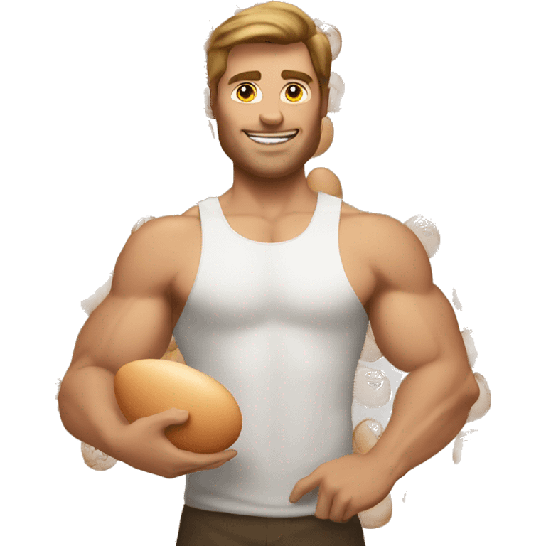 Buff white man with brown hair holding a ton of eggs emoji