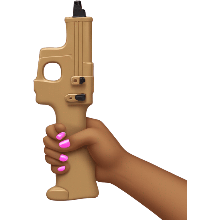 Tan hand with pink long nails, holding a black and gold water gun emoji