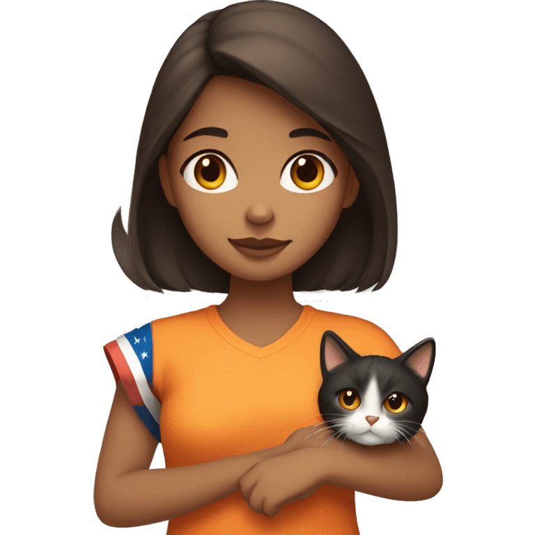 Brunette girl with brown eyes, holding a tricolor cat. Cat hairs are black in one side of its face and orange in the other side of its face. emoji