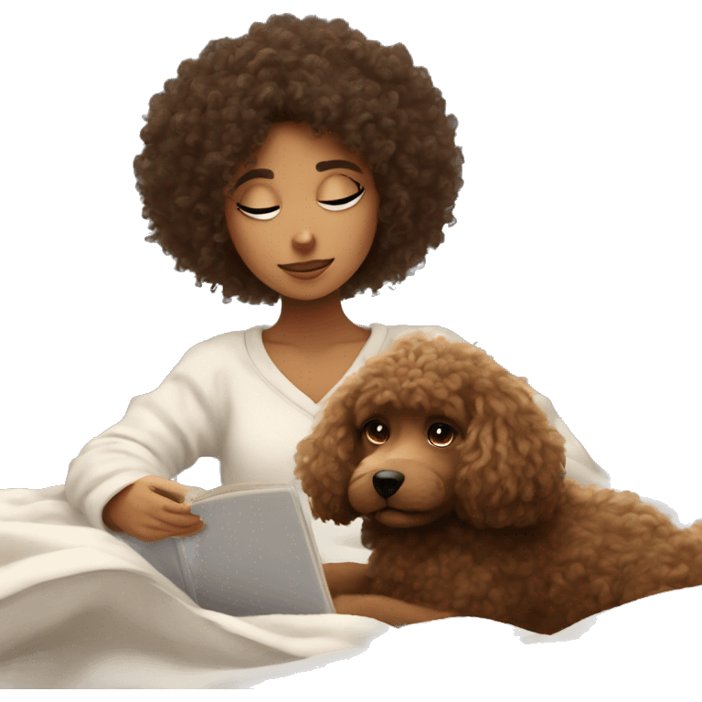 Curly haired girl studying aesthetic with her dog under fluffy blanket emoji