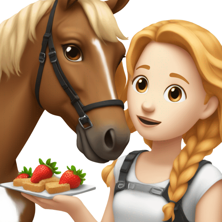 White teen girl with strawberry blonde hair giving a treat to a brown and white horse emoji