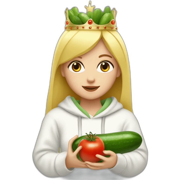 blonde girl  eating  cucumber and tomatoes with white hoodie iridescent and a crown princess emoji