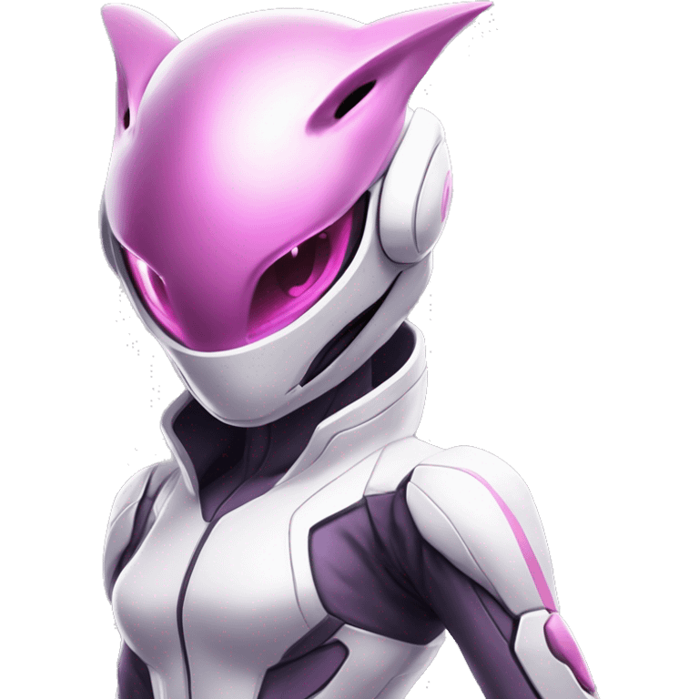 White body, Anthro-Sona-Lizard-Alien-Salazzle-Mew-Mewtwo-Fakémon, with pink eyes, with a futuristic visor-helmet, wearing a techwear-suit, Full Body emoji