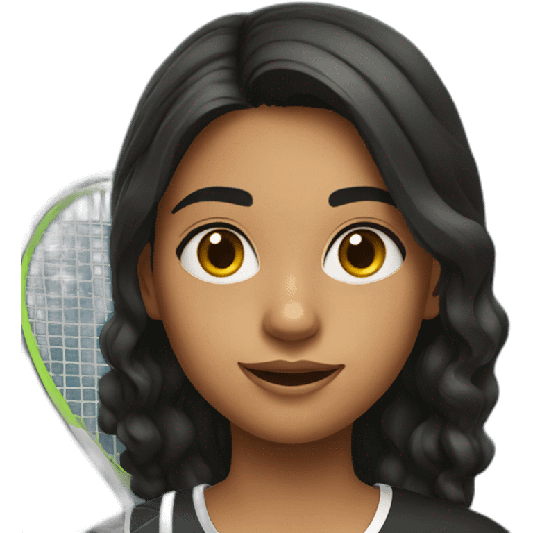 indian girl teenager holding a tennis racket wearing a black tennis uniform with wavy black hair emoji