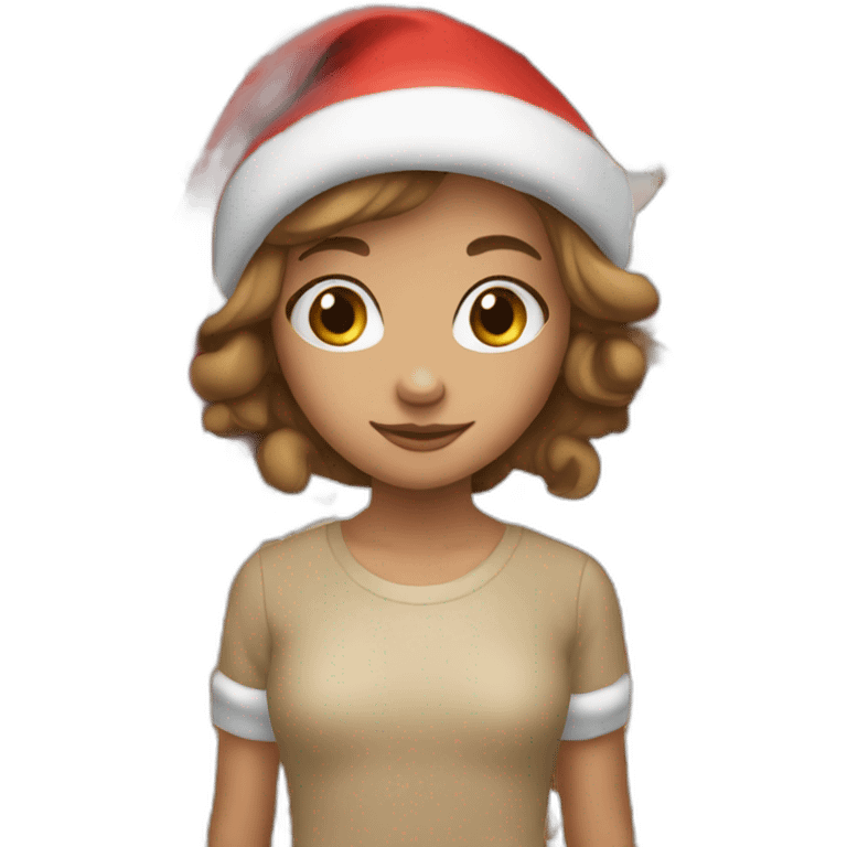 young girl with beige skin with a brown bob hairstyle wearing Santa hat emoji