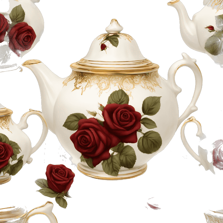 white and gold and dark red roses detailed victorian tea pot emoji