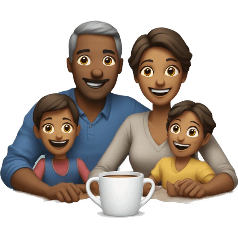 An emoji of a family—mother, father, and child—sitting at a table, playing a cup game with paper cups arranged on the table as they have fun together emoji