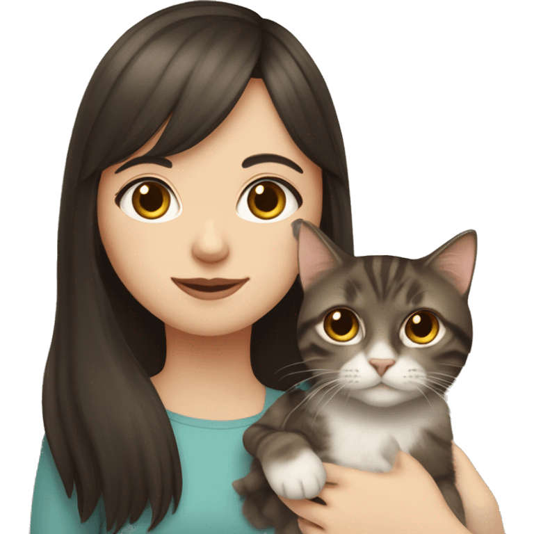 pale girl with long dark brown hair with bangs, holding a tabby cat emoji