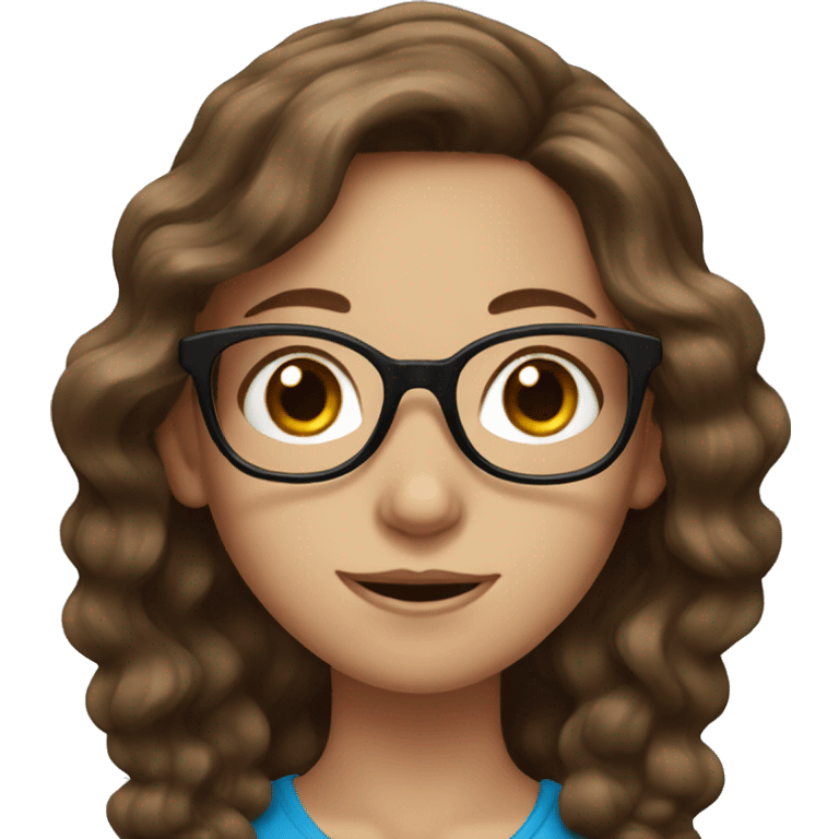 Long wavy brown haired girl with blue eyes and black glasses emoji