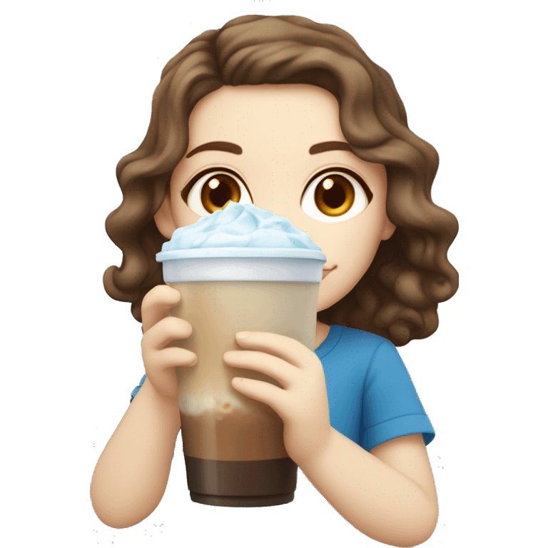 Pale skin girl with brown wavy hair and blue eyes drinking ice latte  emoji