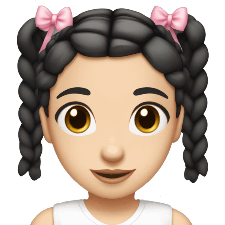 A white girl wearing white T-shirt with two braids and bangs with pink ribbon bow on each braid looking forward..black hair and brown eyes small nose and pink lips emoji