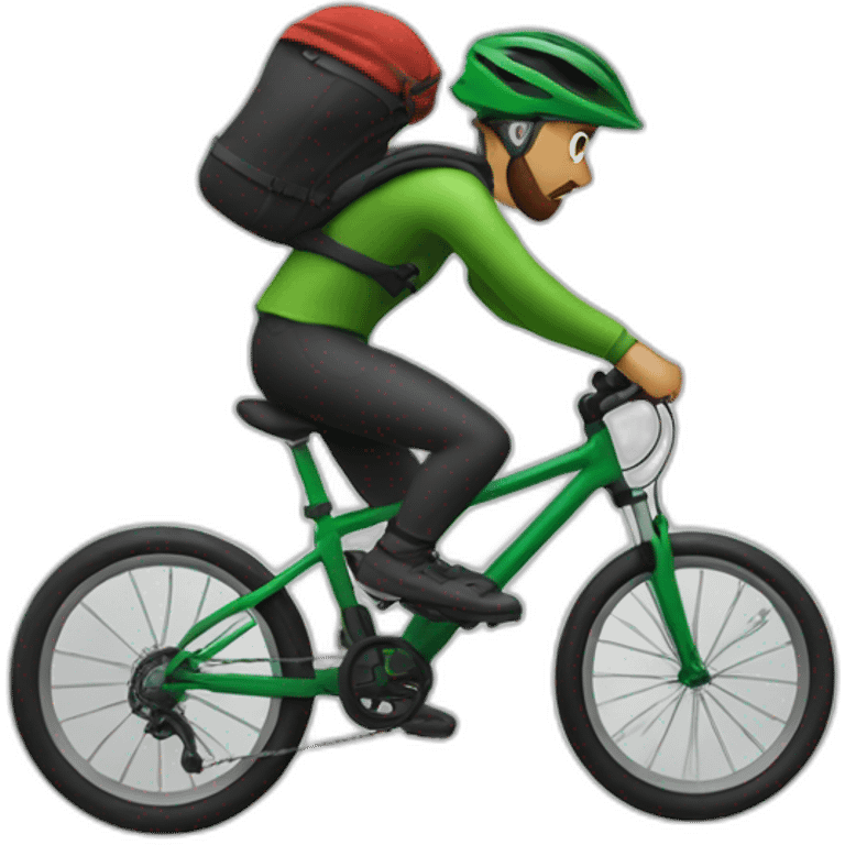 mountain biker, without a backpack, with a green bicycle, with a scarf, hat and dark clothing, traveling at high speed emoji