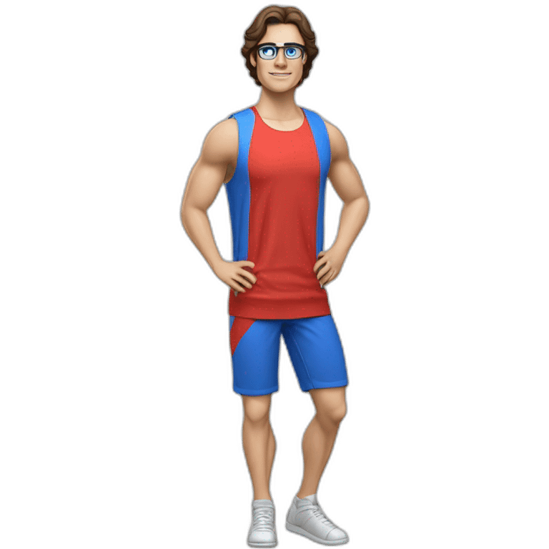 retro 70s blue and red gym clothes for a modern white brunette uni male student with glass emoji