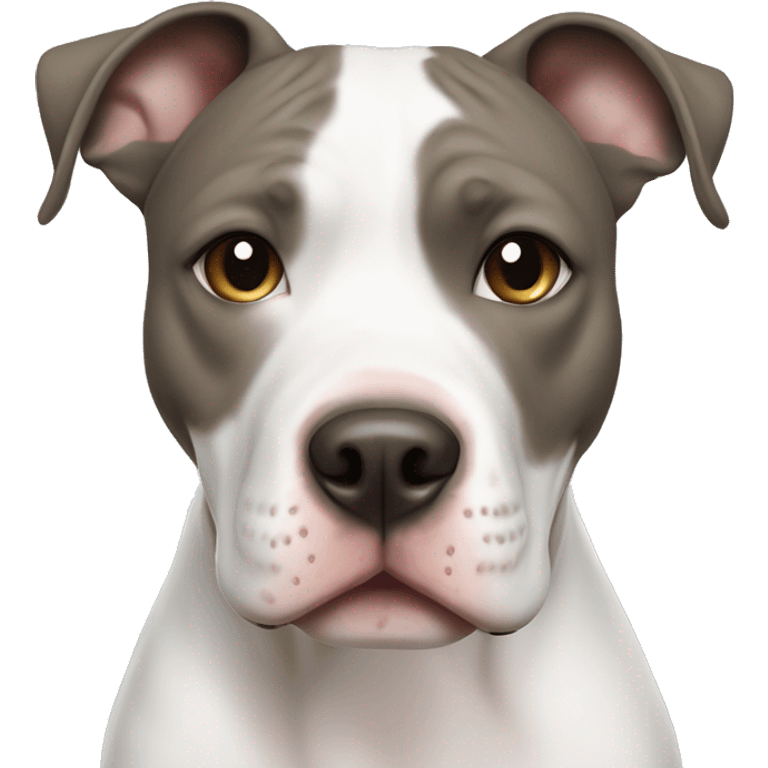 Smiling White American Staffordshire terrier with light gray/brown patches by only her left ear and blue eyes emoji