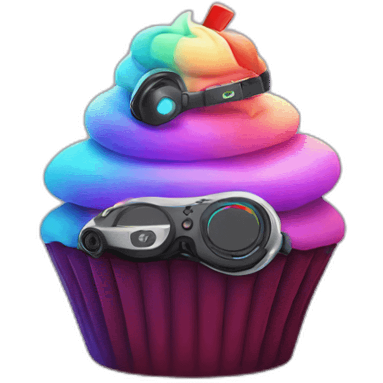 an rgb cupcake with a gaming headset on the top of it emoji