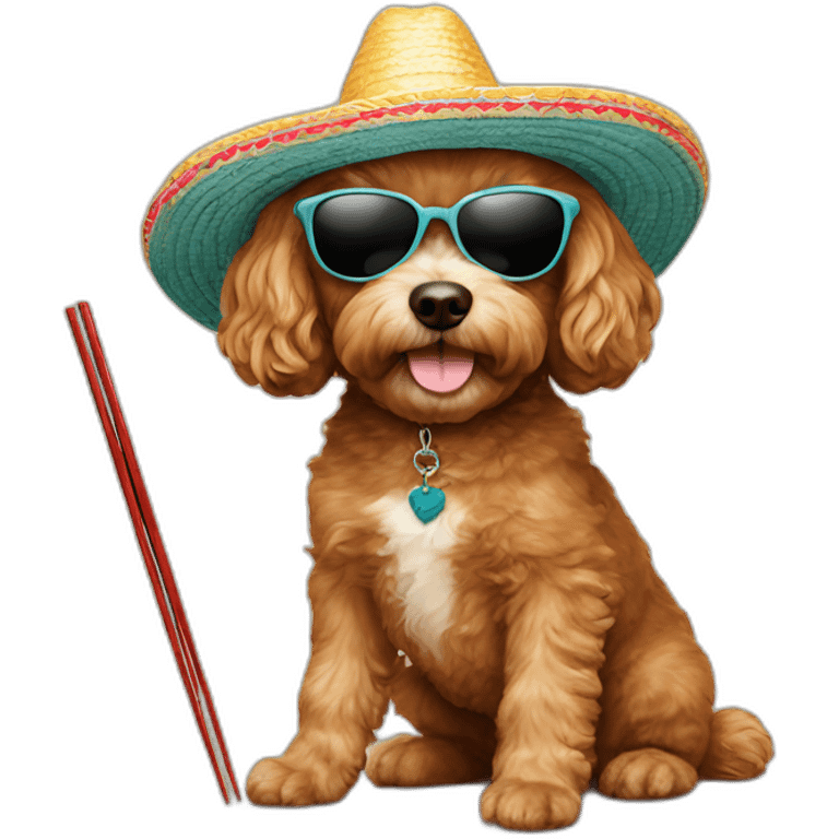 cavapoo wearing sunglasses and sombrero holding chopsticks emoji