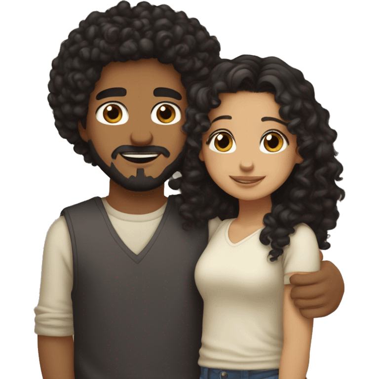 girl with light skin, hazel eyes and black hair hugging a boy with medium curly hair that is light brown and a tiny mustache and goatee emoji