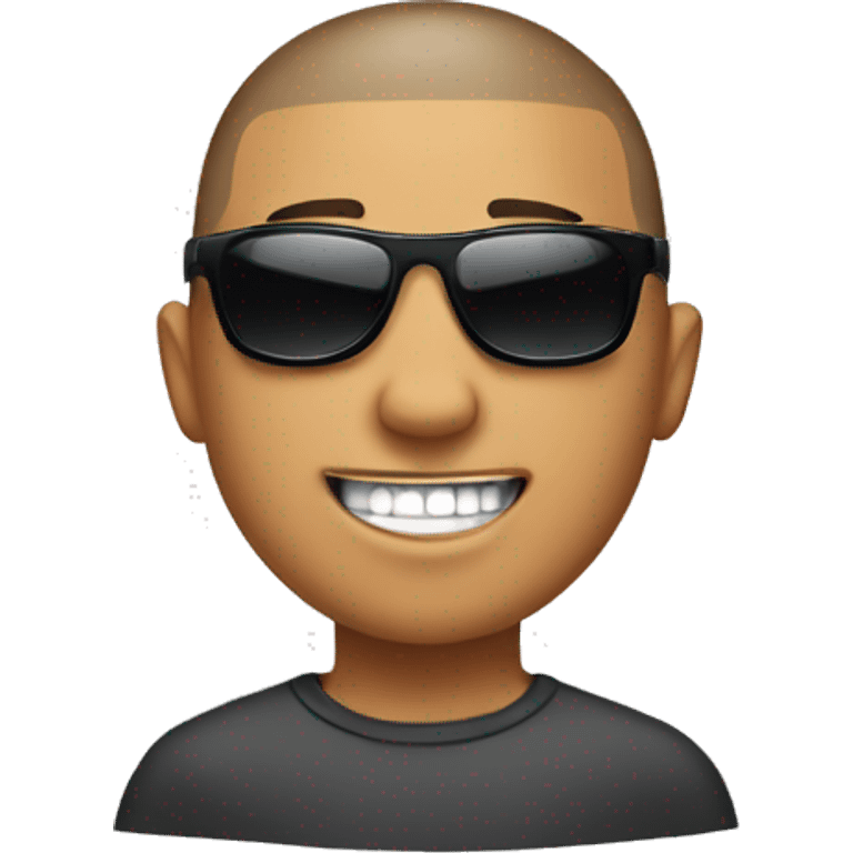 A boy with a buzzcut with sunglasses wearing tooth caps emoji