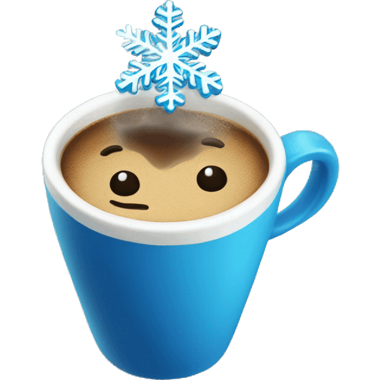 A cup of coffee  with a blue snowflake on top emoji