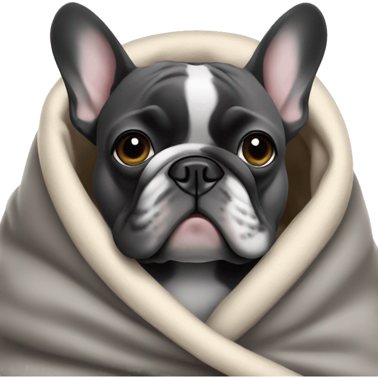 A dark grey French bulldog in a soft blanket emoji