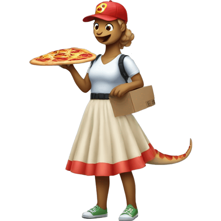 A pizza delivery dinosaur in a skirt. emoji