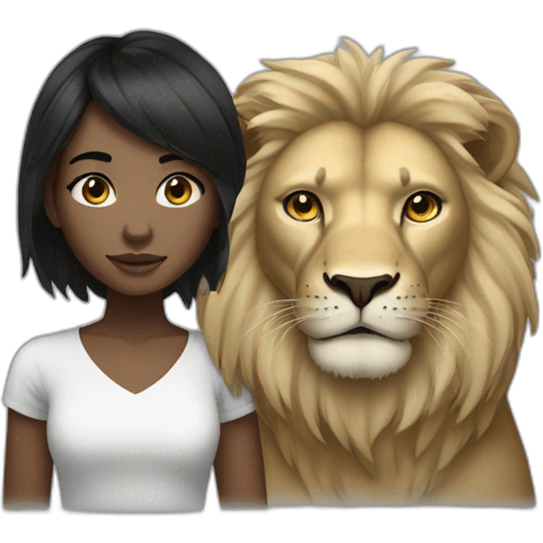 White skin black haired Girl and lion emoji