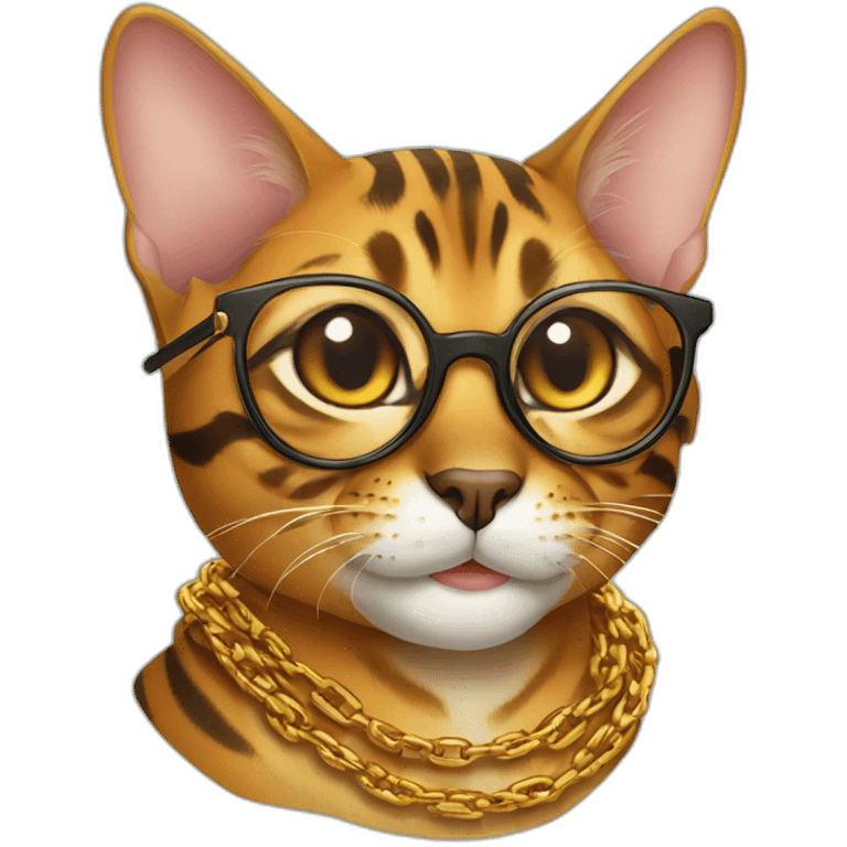 a Bengal cat wearing glasses with a golden chain around its neck, smiling emoji