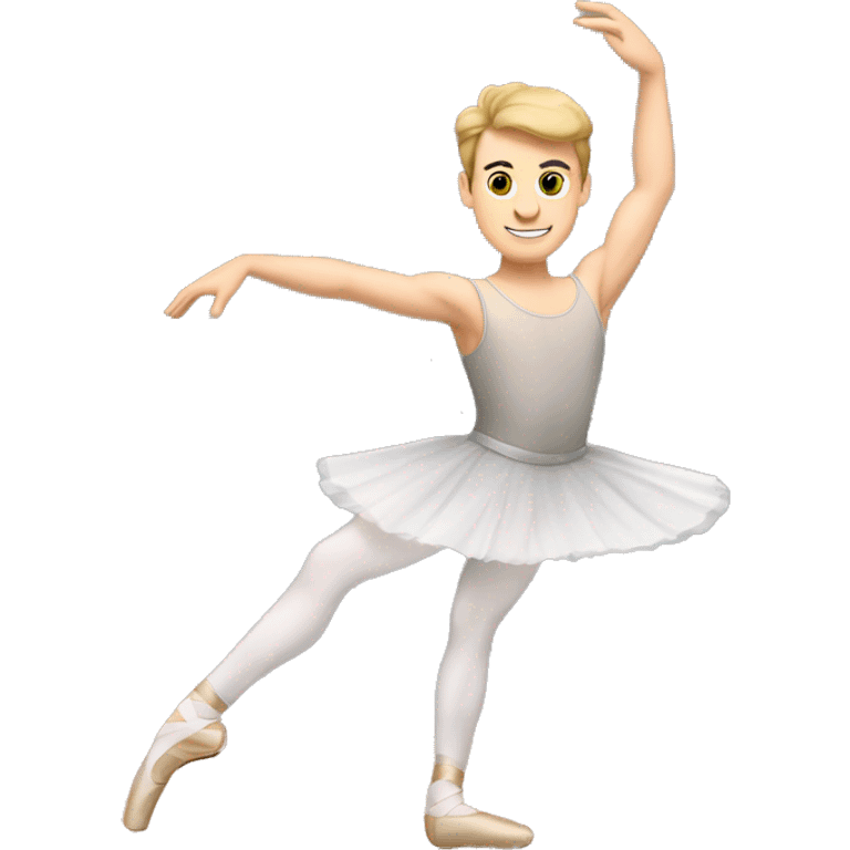 Ballet barre without background, wood with black iron base, with a male caucasian ballet dancer with one leg at the barre in light grey tights and white ballet slippers brown/blonde hair and a white leotard emoji