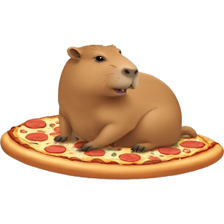 little capybara eating a pizza while riding on capybara emoji