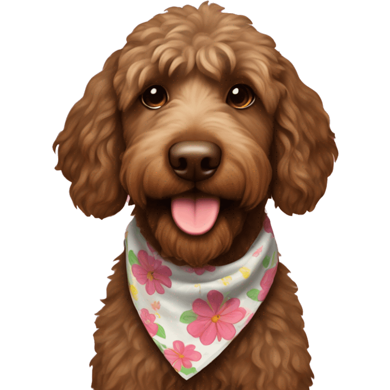 Brown labradoodle with a flower bandana emoji