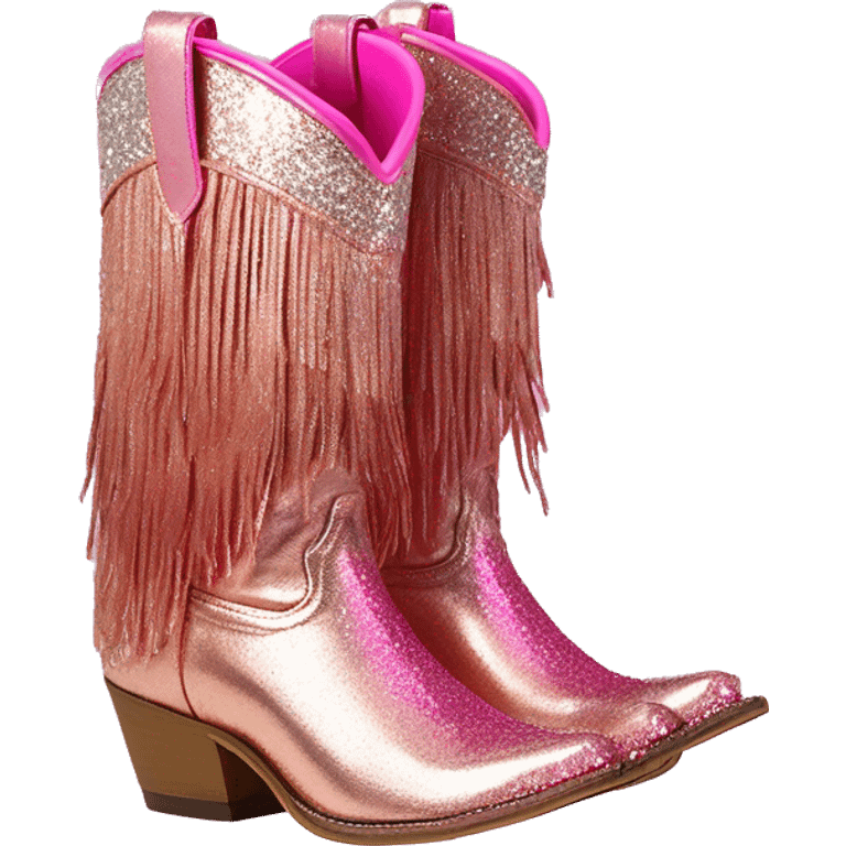 Realistic rose gold and hot pink ombre pair of fashion cowgirl boots with sparkly shiny glitter fringe on them. emoji