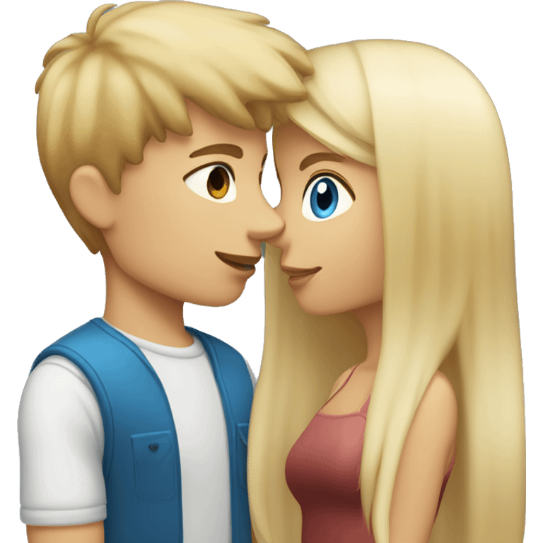 Girl with long back hair with bangs and tan skin kissing a boy with blonde hair blue eyes and white skin emoji