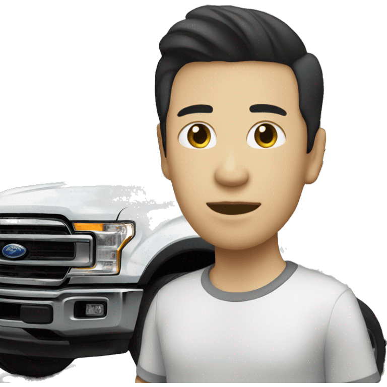 An Asian man with pale skin sitting on top of a black Ford car emoji