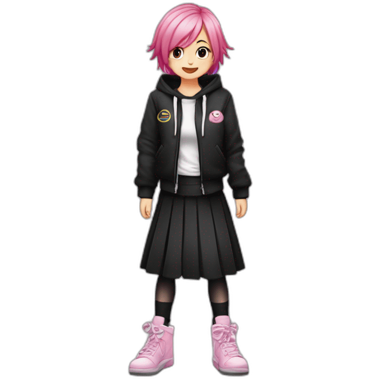 Full body Front view curvy emo girl pink hair sits on the floor straight view hands up black skirt белые трусики рваные полосатые чулки emoji