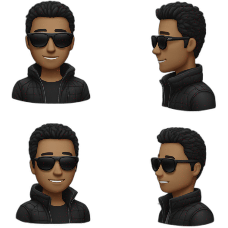 black hair white guy wearing black winter jacket and black sunglasses emoji