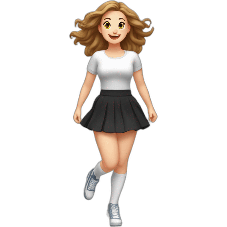 full-body-caucasian-curvy-beauty-jumping-short-black-skirt-back-and-front-views-strong-wind-knickers-long-white-socks emoji