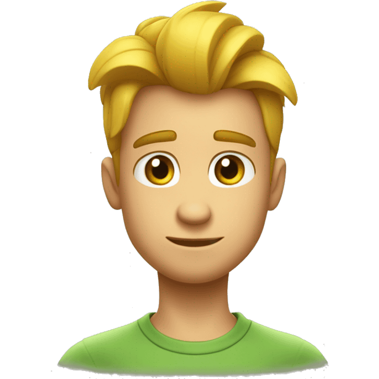 imágen al estilo de Disney Pixar de un chico rubio con los ojos verdes oscuros el pelo liso y pelo amarillo con camiseta de manga corta emoji