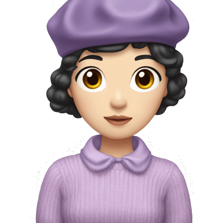 korean girl short black hair sharp jawline, attractive wearing a lilac sweater and beret and bow emoji