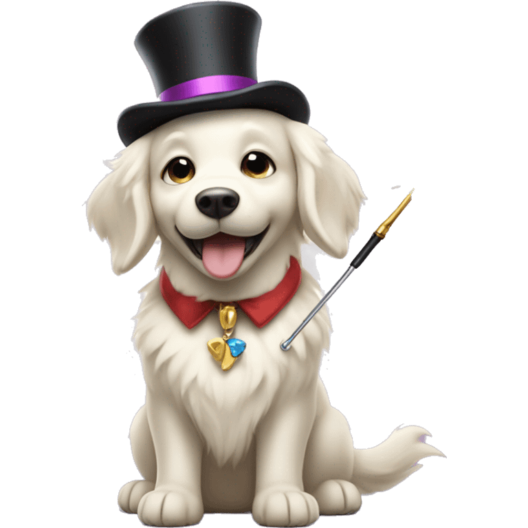 White golden retriever with top hat and magic wand emoji