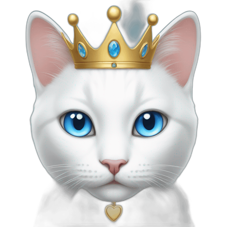 white cat with blue eyes, a "Ma" locket and a crown on her head emoji