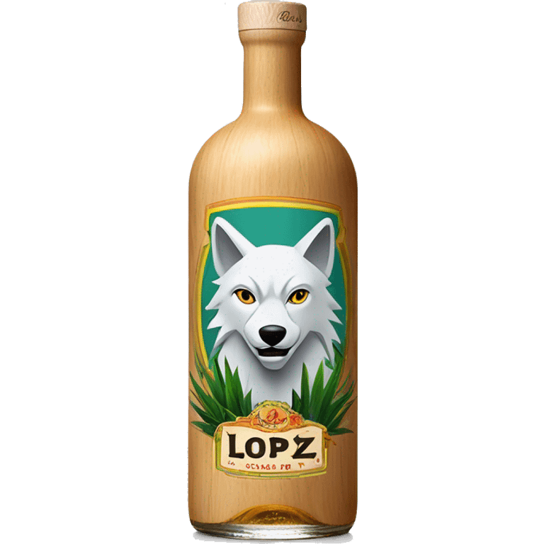 A tequila blanco classic long cylindrical bottle with a wolf on top of the label, "Lopez" on the middle, and agave plants on the bottom. The cap is made of light wood. emoji