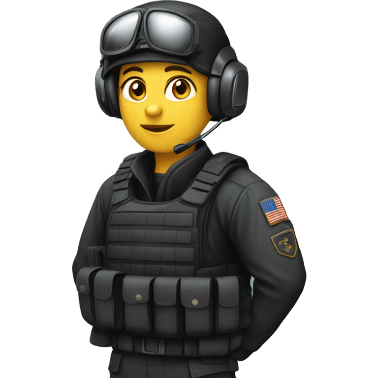 Military operator dressed in black with a helmet, without glasses, wearing a headset, ready to respond to alerts, preferably female, no country badge on clothes emoji