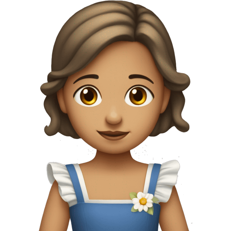 Una bebe niña con el palo castaño con dos coletas, vestido azul con margaritas emoji