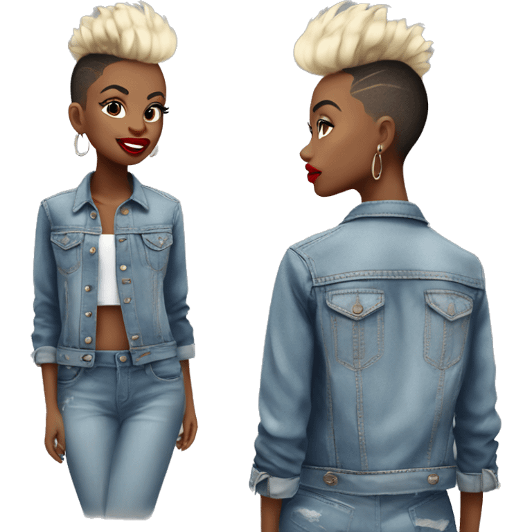 Monochrome girl Mohawk denim jacket hoop earrings red lipstick  emoji