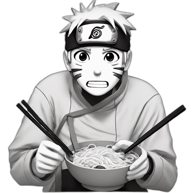 Naruto eating ramen in black and white emoji