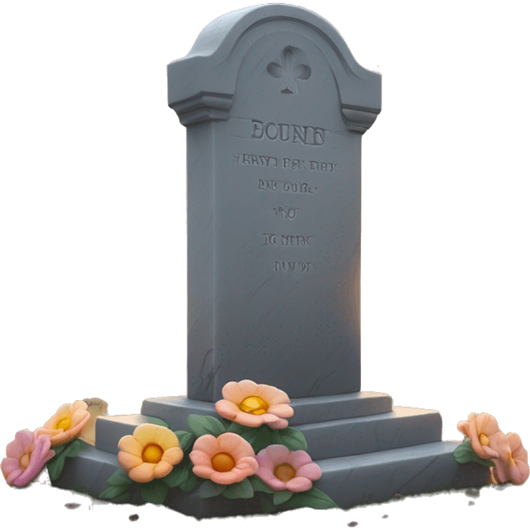 Create an emoji of a glowing headstone with ‘RIP’ engraved, a single flower at its base, and a serene sunset in the background. The mood should be peaceful and respectful, using soft colors to symbolize remembrance emoji