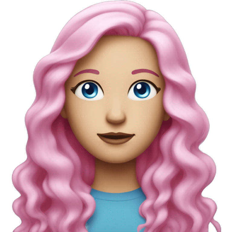 white woman with light blue eyes, a neon blue star on her right cheek and very long and slightly wavy bright pink hair emoji