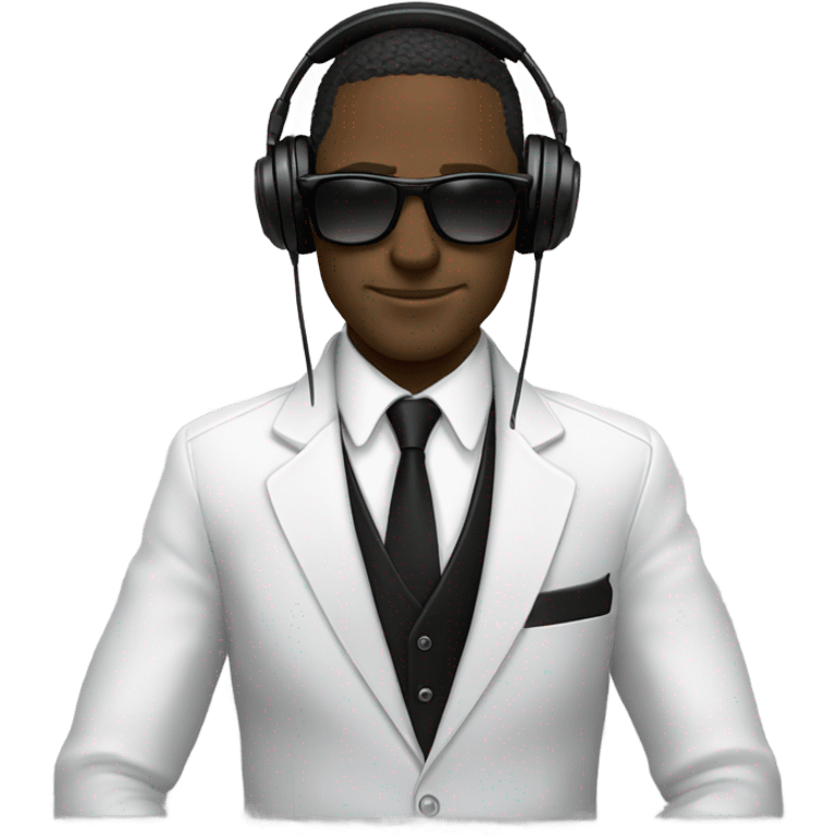 White Man with sunglasses DJ black jacket skinny tie headphones scratching records spinning records emoji